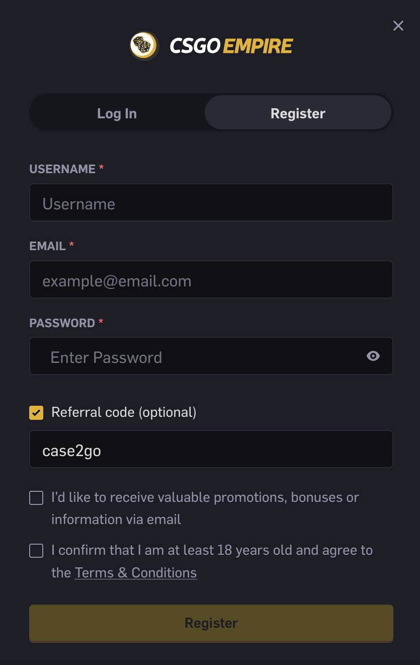 Formulário de registo do CSGOEmpire com o campo de código de referência preenchido com case2go
