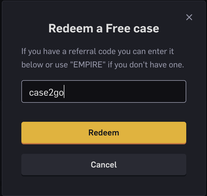 Popup do CSGOEmpire para resgatar caixa gratuita com case2go escrito no campo