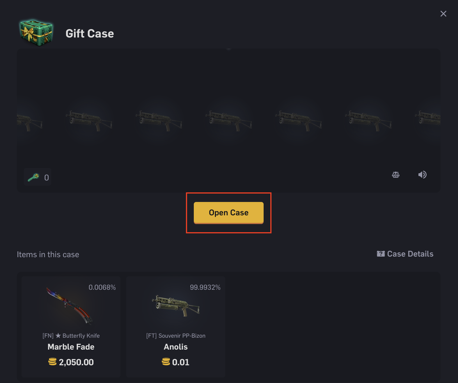 Modal da caixa de presente do CSGOEmpire com o botão Abrir caixa destacado a vermelho